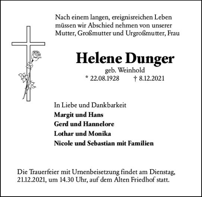  Traueranzeige für Helene Dunger vom 17.12.2021 aus vrm-trauer