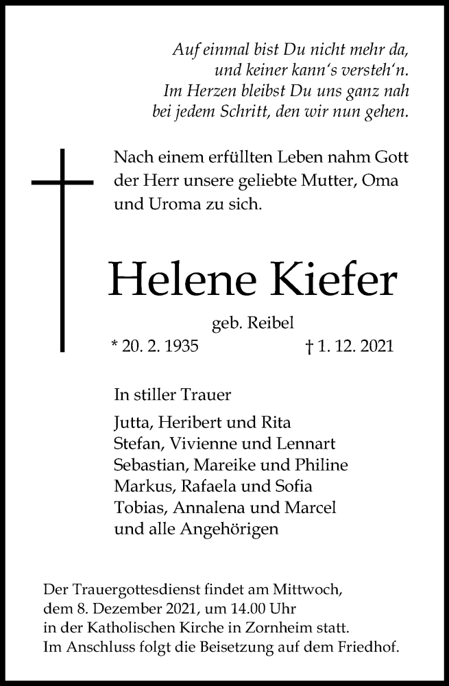  Traueranzeige für Helene Kiefer vom 04.12.2021 aus vrm-trauer