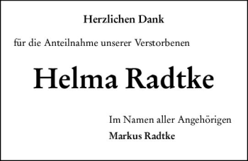 Traueranzeige von Helma Radtke von vrm-trauer