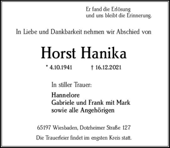 Traueranzeige von Horst Hanika von vrm-trauer