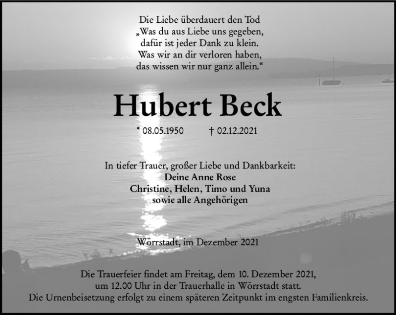  Traueranzeige für Hubert Beck vom 08.12.2021 aus vrm-trauer