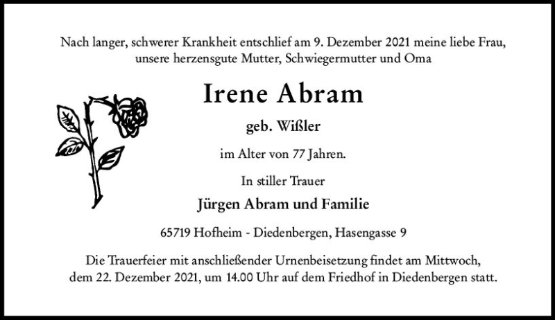  Traueranzeige für Irene Abram vom 17.12.2021 aus vrm-trauer
