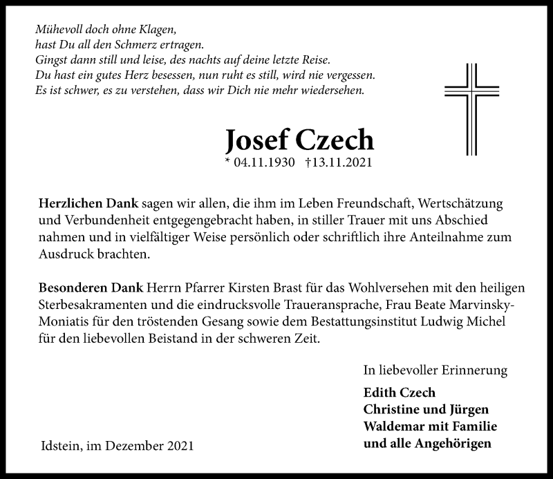  Traueranzeige für Josef Czech vom 04.12.2021 aus vrm-trauer