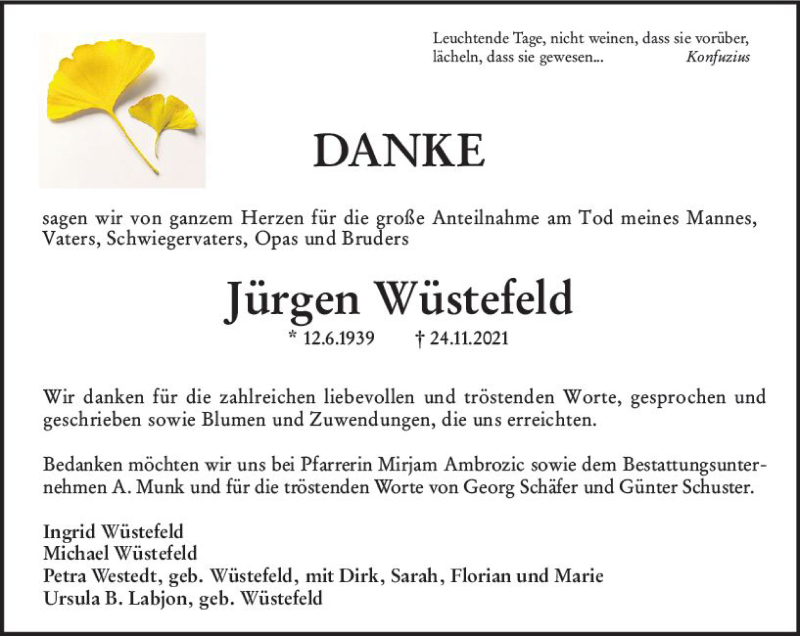  Traueranzeige für Jürgen Wüstefeld vom 10.12.2021 aus vrm-trauer