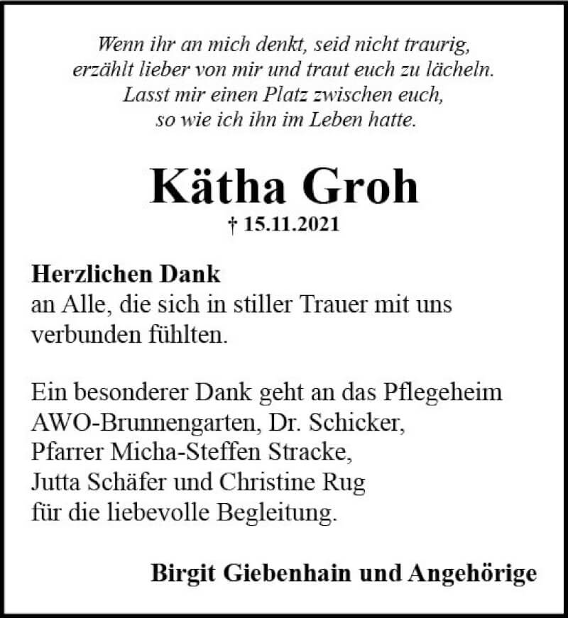  Traueranzeige für Kätha Groh vom 18.12.2021 aus vrm-trauer