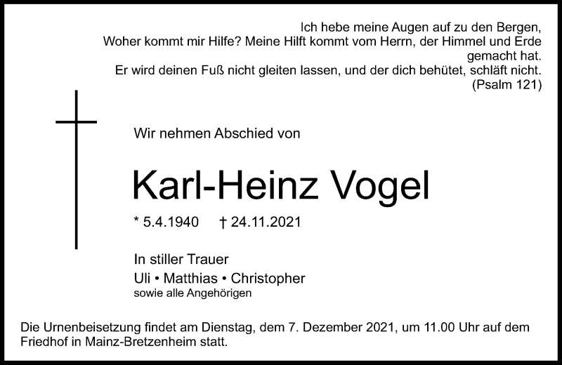  Traueranzeige für Karl-Heinz Vogel vom 04.12.2021 aus vrm-trauer
