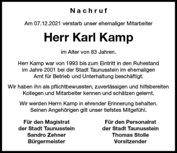 Traueranzeige von Karl Kamp von vrm-trauer