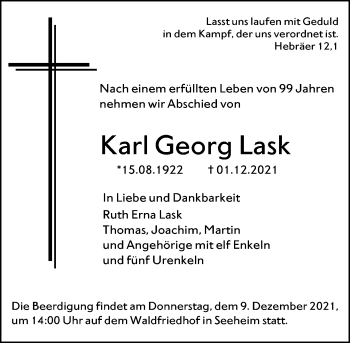 Traueranzeige von Karl Georg Lask von vrm-trauer