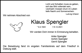 Traueranzeige von Klaus Spengler von vrm-trauer
