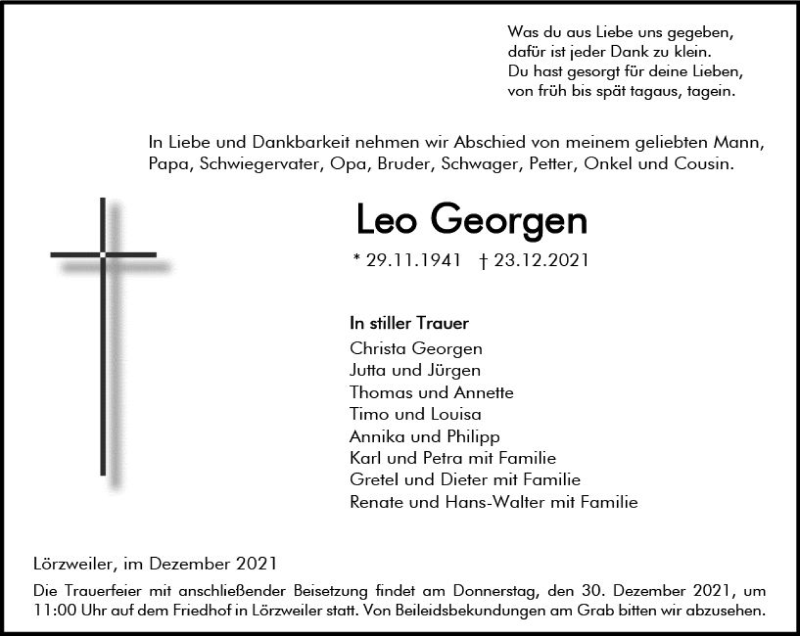 Traueranzeige für Leo Georgen vom 28.12.2021 aus vrm-trauer
