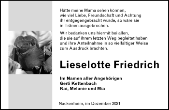 Traueranzeige von Lieselotte Friedrich von vrm-trauer