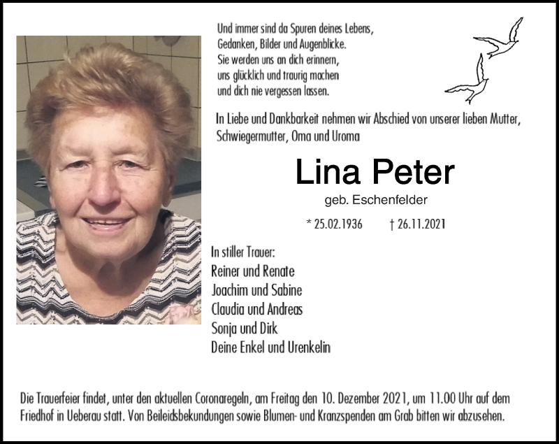  Traueranzeige für Lina Peter vom 04.12.2021 aus vrm-trauer