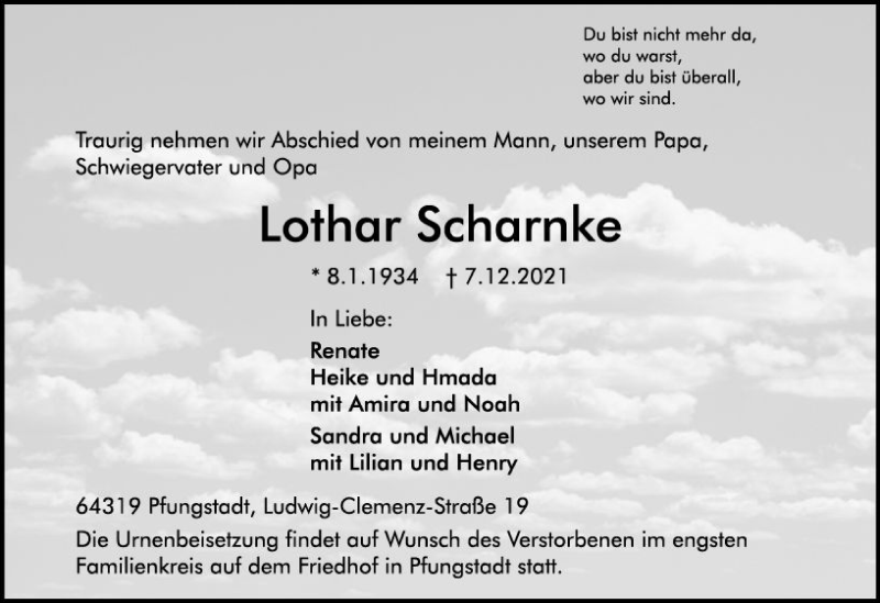  Traueranzeige für Lothar Scharnke vom 11.12.2021 aus vrm-trauer