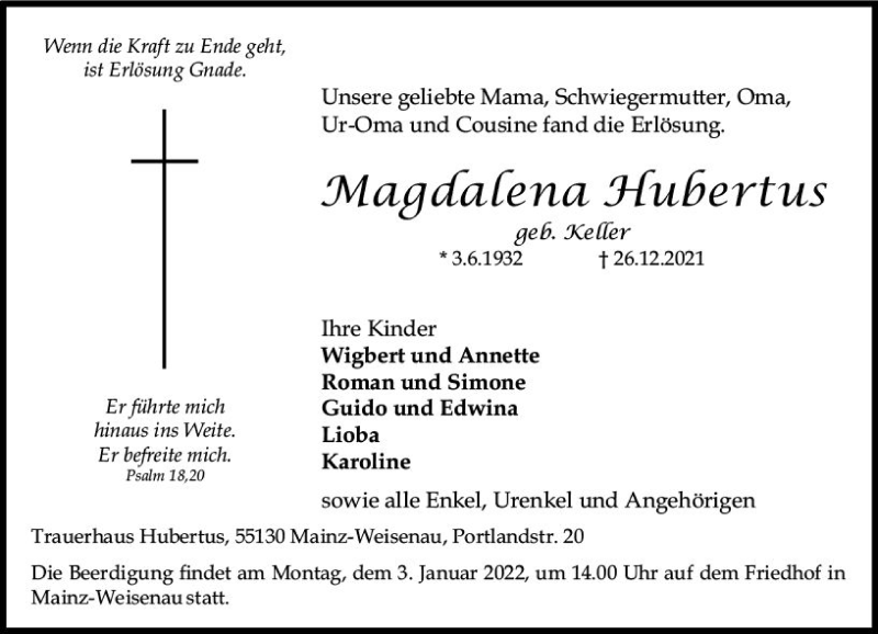  Traueranzeige für Magdalena Hubertus vom 31.12.2021 aus vrm-trauer