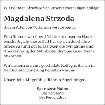 Traueranzeige von Magdalena Strzoda von vrm-trauer