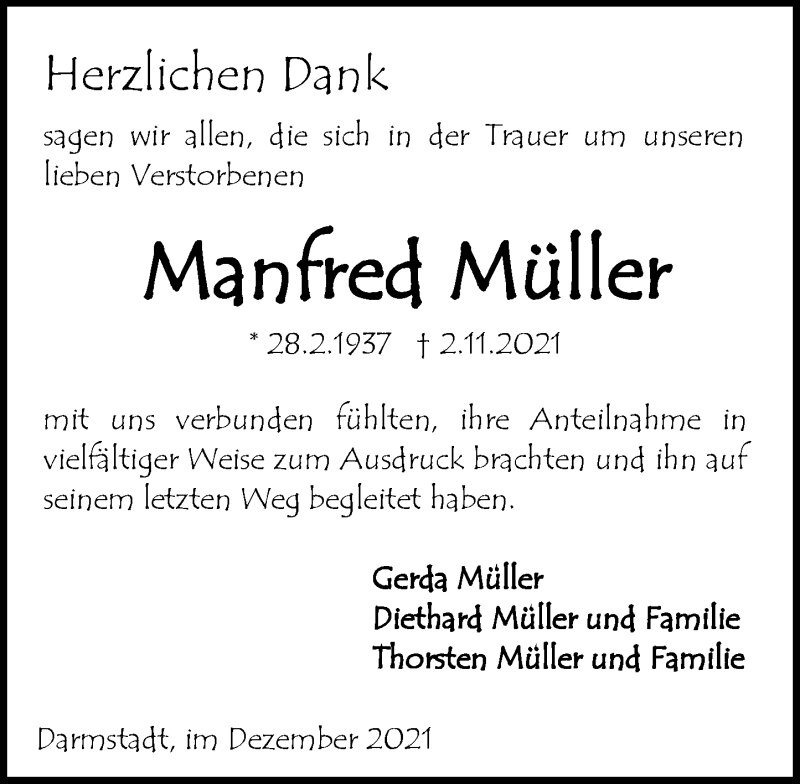  Traueranzeige für Manfred Müller vom 04.12.2021 aus vrm-trauer