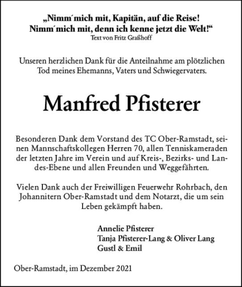 Traueranzeige von Manfred Pfisterer von vrm-trauer