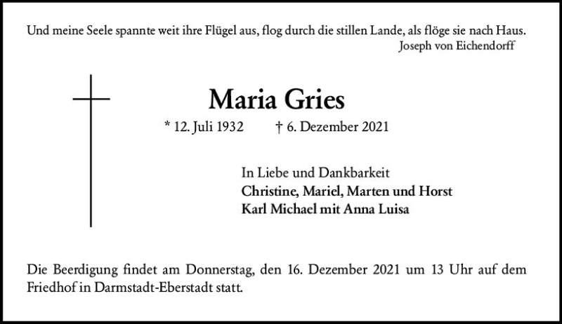  Traueranzeige für Maria Gries vom 11.12.2021 aus vrm-trauer