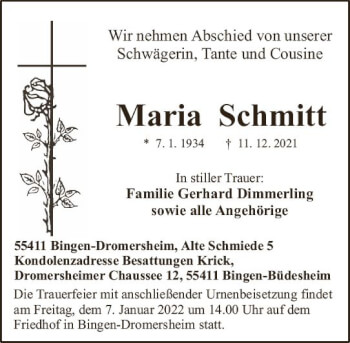 Traueranzeige von Maria Schmitt von vrm-trauer
