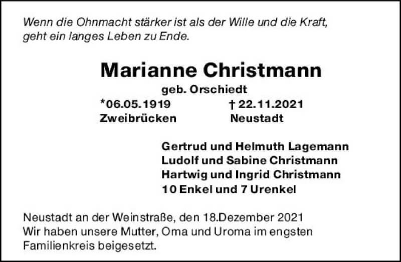  Traueranzeige für Marianne Christmann vom 18.12.2021 aus vrm-trauer