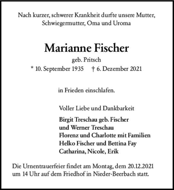 Traueranzeige von Marianne Fischer von vrm-trauer