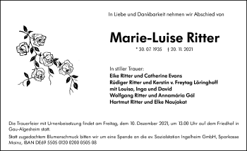 Traueranzeige von Marie-Luise Ritter von vrm-trauer