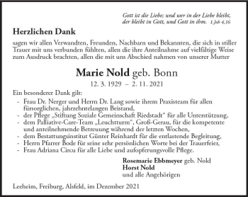 Traueranzeige von Marie Nold von vrm-trauer