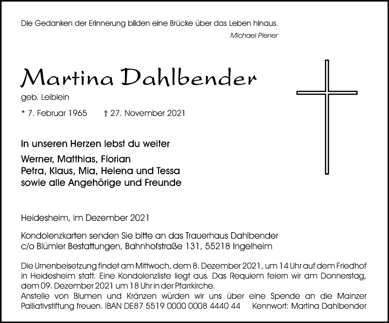  Traueranzeige für Martina Dahlbender vom 04.12.2021 aus vrm-trauer
