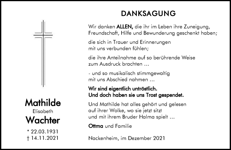  Traueranzeige für Mathilde Elisabeth Wachter vom 04.12.2021 aus vrm-trauer
