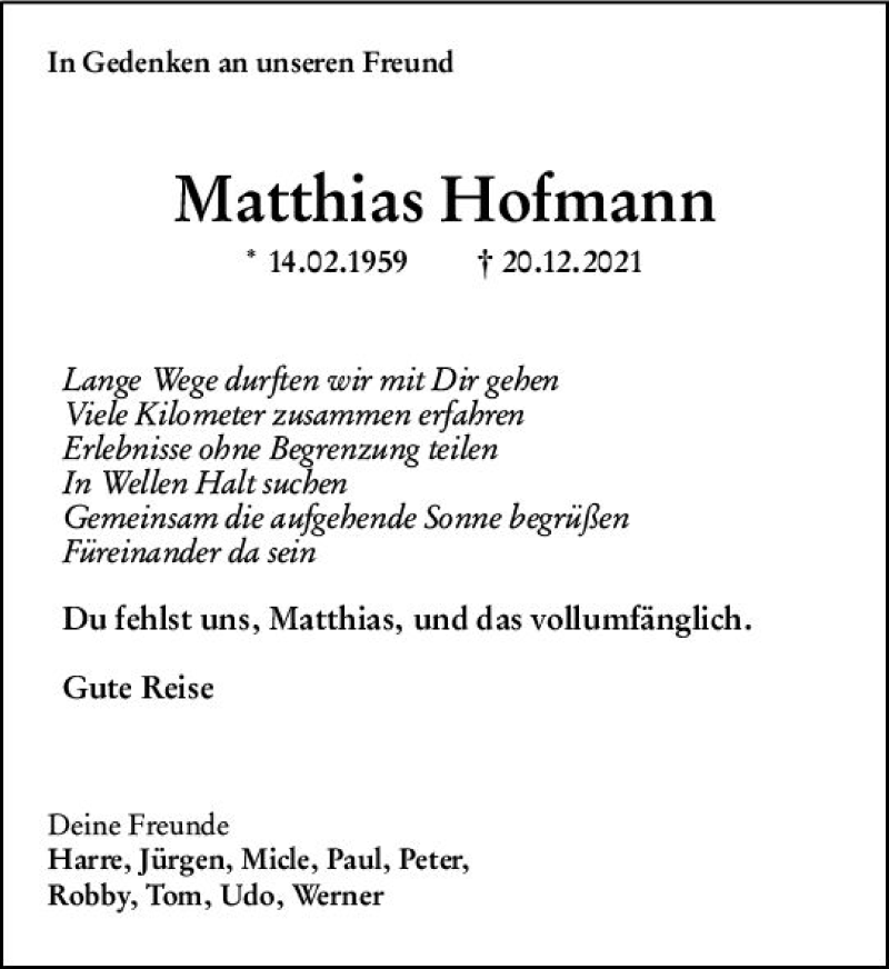  Traueranzeige für Matthias Hofmann vom 29.12.2021 aus vrm-trauer