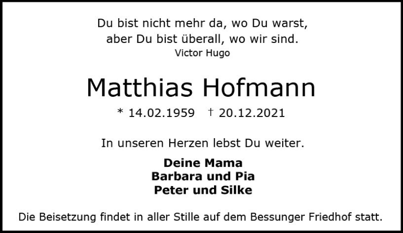  Traueranzeige für Matthias Hofmann vom 24.12.2021 aus vrm-trauer