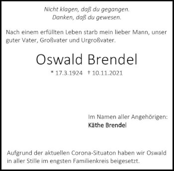 Traueranzeige von Oswald Brendel von vrm-trauer