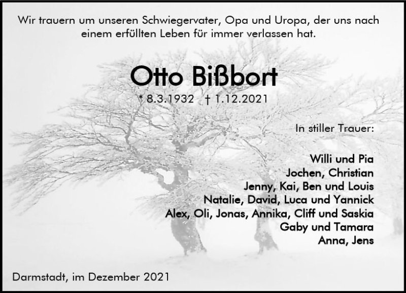  Traueranzeige für Otto Bißbort vom 11.12.2021 aus vrm-trauer