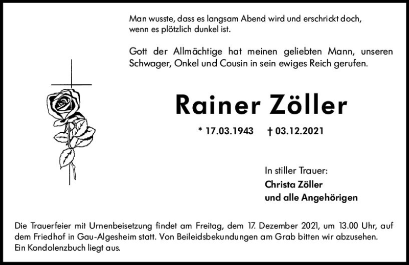  Traueranzeige für Rainer Zöller vom 11.12.2021 aus vrm-trauer