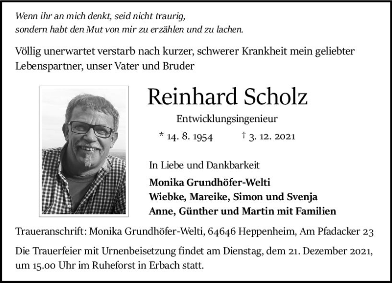  Traueranzeige für Reinhard Scholz vom 11.12.2021 aus vrm-trauer