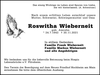 Traueranzeige von Roswitha Wieberneit von vrm-trauer