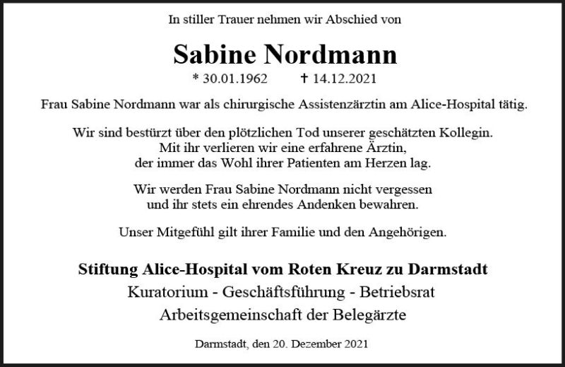  Traueranzeige für Sabine Nordmann vom 24.12.2021 aus vrm-trauer