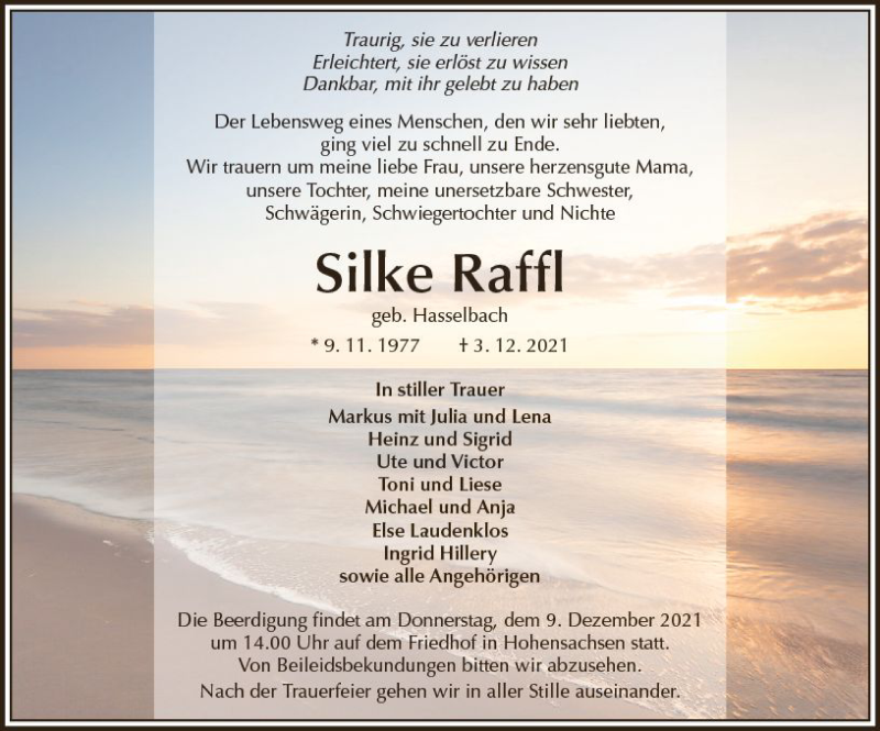  Traueranzeige für Silke Raffl vom 07.12.2021 aus vrm-trauer