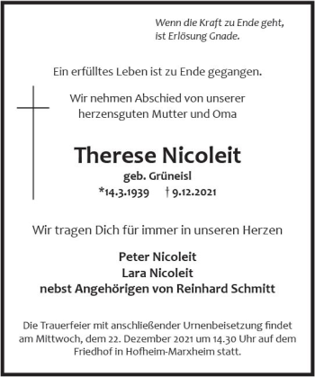 Traueranzeige von Therese Nicoleit von vrm-trauer