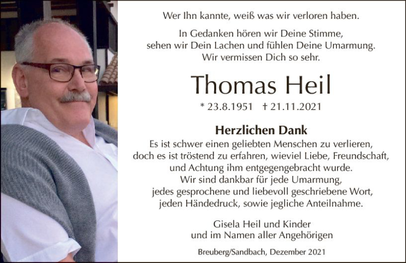  Traueranzeige für Thomas Heil vom 17.12.2021 aus vrm-trauer