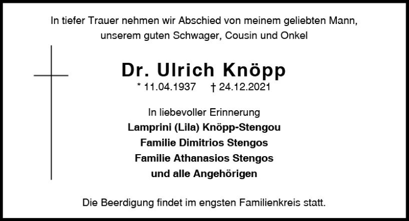  Traueranzeige für Ulrich Knöpp vom 31.12.2021 aus vrm-trauer