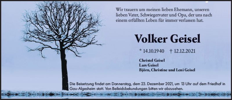  Traueranzeige für Volker Geisel vom 21.12.2021 aus vrm-trauer