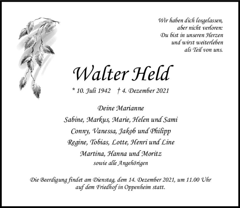  Traueranzeige für Walter Held vom 11.12.2021 aus vrm-trauer
