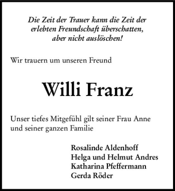 Traueranzeige von Willi Franz von vrm-trauer