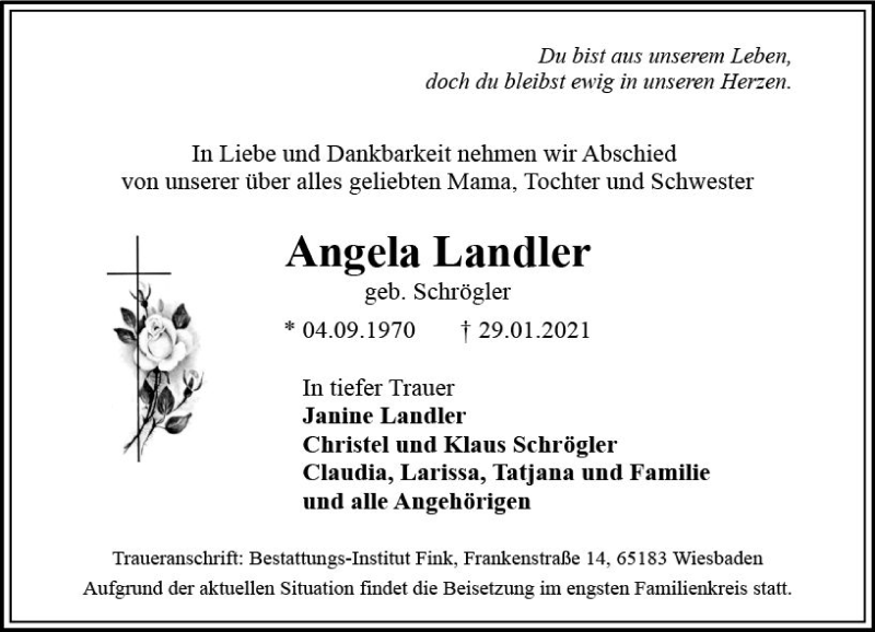  Traueranzeige für Angela Landler vom 06.02.2021 aus vrm-trauer
