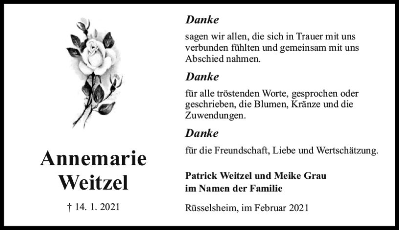  Traueranzeige für Annemarie Weitzel vom 13.02.2021 aus vrm-trauer