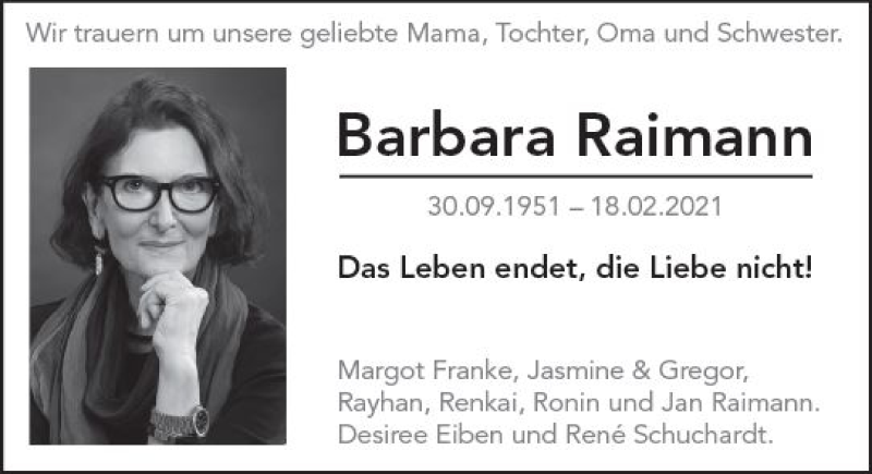  Traueranzeige für Barbara Raimann vom 27.02.2021 aus vrm-trauer