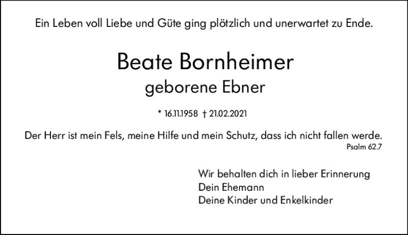  Traueranzeige für Beate Bornheimer vom 27.02.2021 aus vrm-trauer