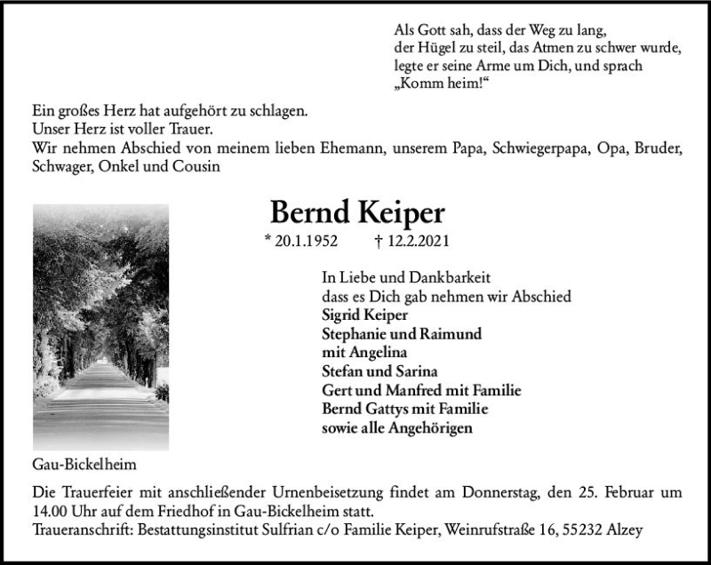  Traueranzeige für Bernd Keiper vom 20.02.2021 aus vrm-trauer