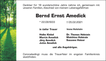 Traueranzeige von Bernd Ernst Amedick von vrm-trauer